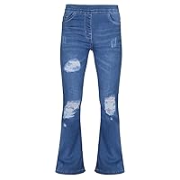 Girls Denim Jeans Dark Blue Comfort Stretchy Jeggings Bell Bottom Ripped Flared Pants Trendy Fashion Jeans