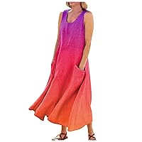 2024 Women's Casual Loose-Fit Cotton and Linen Plaid Tank Maxi Beach Dress with Pockets