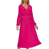 XJYIOEWT Womens Yellow Dress,Women's Solid Color Ruffled V Neck Long Sleeve Pleated Dress Slim Fit Casual Fitted Dresses