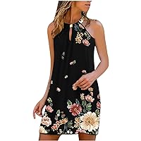 Women's Bohemian Round Neck Glamorous Sleeveless Knee Length Beach Swing Dress Casual Loose-Fitting Summer Flowy Print