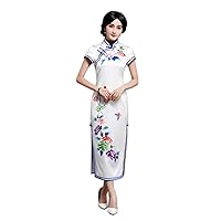 Qipao Women Silk Chinese Traditional Embroidered White Dress Cheongsam Evening Dress 3270