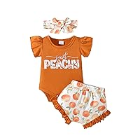 Newborn Infant Baby Girl Summer Clothes Ruffle Sleeve Just Peachy Romper+Peach Bloomer Short+Headband 3Pcs Outfit