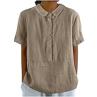 Half Button Up Cotton Linen Shirts Women Lapel Short Sleeve Dressy Tee Tops Summer Casual Loose Fit Henley T-Shirts