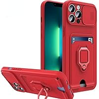 for iPhone 14 Pro, Lanyard Card Holder Phone Case, Shell with Magnetic Ring Stand and Sliding Window, Lens Protection Bracket Back Cover Red