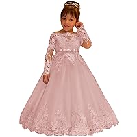 Lace Tulle Flower Girl Dress for Wedding Long Sleeve Princess Dresses Blush Pink Pageant Party Gown with Bow Size 5