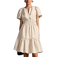 Duigluw Dresses for Women 2024 Summer Short Sleeve V Neck Casual Beach Mini A-Line Ruffle Flowy Dress