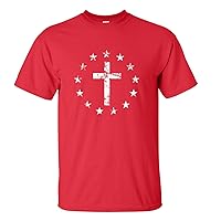 Men's Christian Cross Surrounded by Patriotic Betsy Ross Flag 13 Stars Short Sleeve T-Shirt-Red-XL