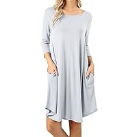 Women Sweater Fabric 3/4 Sleeve Round Hem A-Line Mini Dress with Side Pockets