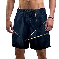 Luxury Dark Blue with Gold Quick Dry Swim Trunks Men's Swimwear Bathing Suit Mesh Lining Board Shorts with Pocket, L