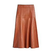 Real Leather Women England Fashion Umbrella 80Cm Long Skirt Chic Beige Fold Streetwear Mid-Calf
