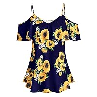 T-Shirts Sunflower Print V-Neck Fashion Tops