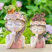 Adorable Girl face Planter 2 Packs (Tranquility) Succulent Pot with Drainage Hole Tall Lady Head Planter Farmhouse Resin Flower Pot Decorative vase for Indoor and Outdoor Plants Gifts