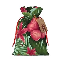 WSOIHFEC Hawaiian Tropical Leaves Flowers Christmas Gift Bags with Drawstring Burlap Christmas Treat Bags Reusable Christmas Candy Bag Gift Wrapping Bag Party Favors Bags