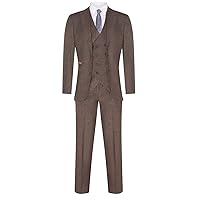 Mens Oak Brown 3 Piece, 2 Button Herringbone Tweed Wool Mix Suit Peaky Slim Fit Jacket with Double Breast Waistcoat