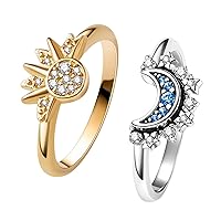 Celestial Sun and Moon Ring Set, Sparkling Sun Ring/Blue Moon Ring with 14k Gold/Silver Plating, Friendship Promise Ring, Stackable Celestial Rings, Gift for Women Girls