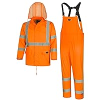 Pioneer High Visibility Rain Gear Safety Jacket and Bib Pants – Hi Vis, Waterproof, Reflective PVC Work Suit for Men – Orange and Yellow/Green