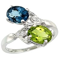 10K White Gold Diamond Natural London Blue Topaz & Peridot 2-stone Ring Oval 8x6mm, sizes 5 - 10