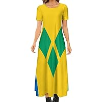 Saint Vincent and The Grenadines Flag Women's Summer Casual Short Sleeve Maxi Dress Crew Neck Printed Long Dresses