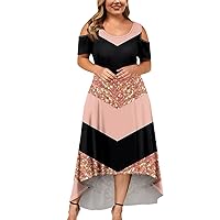 Tunic Mother's Day Sexy Dress for Women Short Sleeve Wedding Colorblock Evening Dresses Womens Off The Shoulder Pink 3XL
