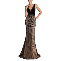 Women's Evening Dresses Sexy Low Cut Backless Black and Champagne Long Formal Prom Dresses Evening Dresses