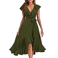 Summer Dresses for Women 2024 Wrap V Neck Short Sleeve Belted Ruffle Hem A-Line Flowy Maxi Dresses Vacation Outfits