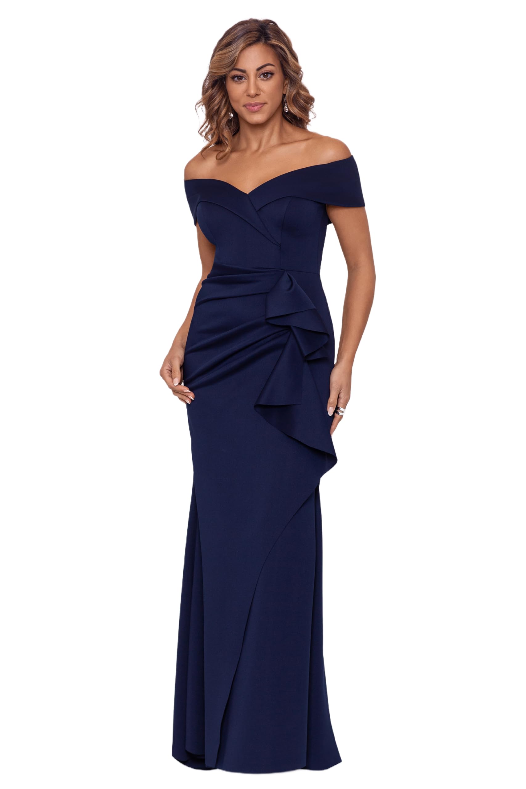 Xscape Women's Long Off Shoulder Sweetheart Neck Side Ruffle Gown (Reg and Petite)