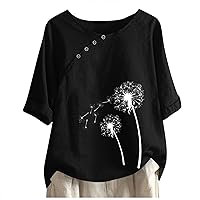 Summer Women Cotton Linen Tops Trendy Short Sleeve Casual Dandelion Print Shirts Baggy Casual Elegant Blouse