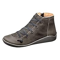 Toxz Women's Fashion Leather Lace-up Boots Casual Side Zipper Round Toe Arch Support Ankle Boots Comfy Flat Shoes