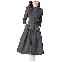 Women Lace Patchwork OL Dress with Long Sleeve Collar Single Breasted Belt Pleated Slim Dress