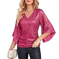 GRACE KARIN Womens Sequin Tops 3/4 Sleeve Glitter Sparkly Party Blouse V-Neck Dressy Tops for Evening Party