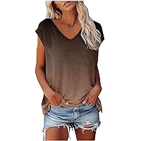 Women's Cap Sleeve Tank Tops V Neck Gradient Color Trendy Blouses Shirt 2024 Casual Lightweight Summer Basic T Shirts