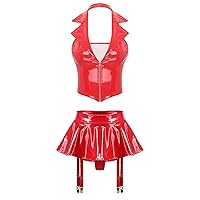 Womens 2Pcs Leather Outfits Halter Front Zippper Crop Tops with Skirts for Rave Party Club
