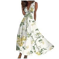 Maxi Dresses for Women 2024,Women's Casual Maxi Dress Sleeveless V Neck Flowy Boho Waist Retraction Printed Dress