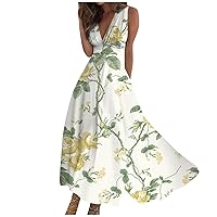 Maxi Dresses for Women 2024, Maxi Dress for Women Beach Vacation Y2K Dress 2024 Sleeveless Summer Dress V Neck Maxi Womens Trendy Retraction Printed Casual Boho Fashion Waist (Green,XX-Large)