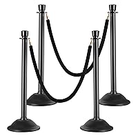 4 Pcs Stanchions with Black Velet Ropes, Red Carpet Ropes and Poles, Crowd Control Plastic Stanchion Post with 5 ft Crown Top and 3 Pcs Rope for Party, Wedding (Black Rope)