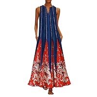 XJYIOEWT Sundresses for Women 2024 Vacation, Women Plus Size Print Daily Casual Sleeveless Vintage Bohemian V Neck Maxi