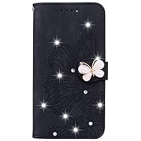 Wallet Case Compatible with iPhone 13 Mini, Bling Diamond Retro Butterfly PU Leather Cover for iPhone 13 Mini (Black)