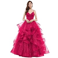 Glitter Tulle Ruffled Prom Dress Long Ball Gown for Women Formal Spaghetti Straps Formal Evening Party Gowns