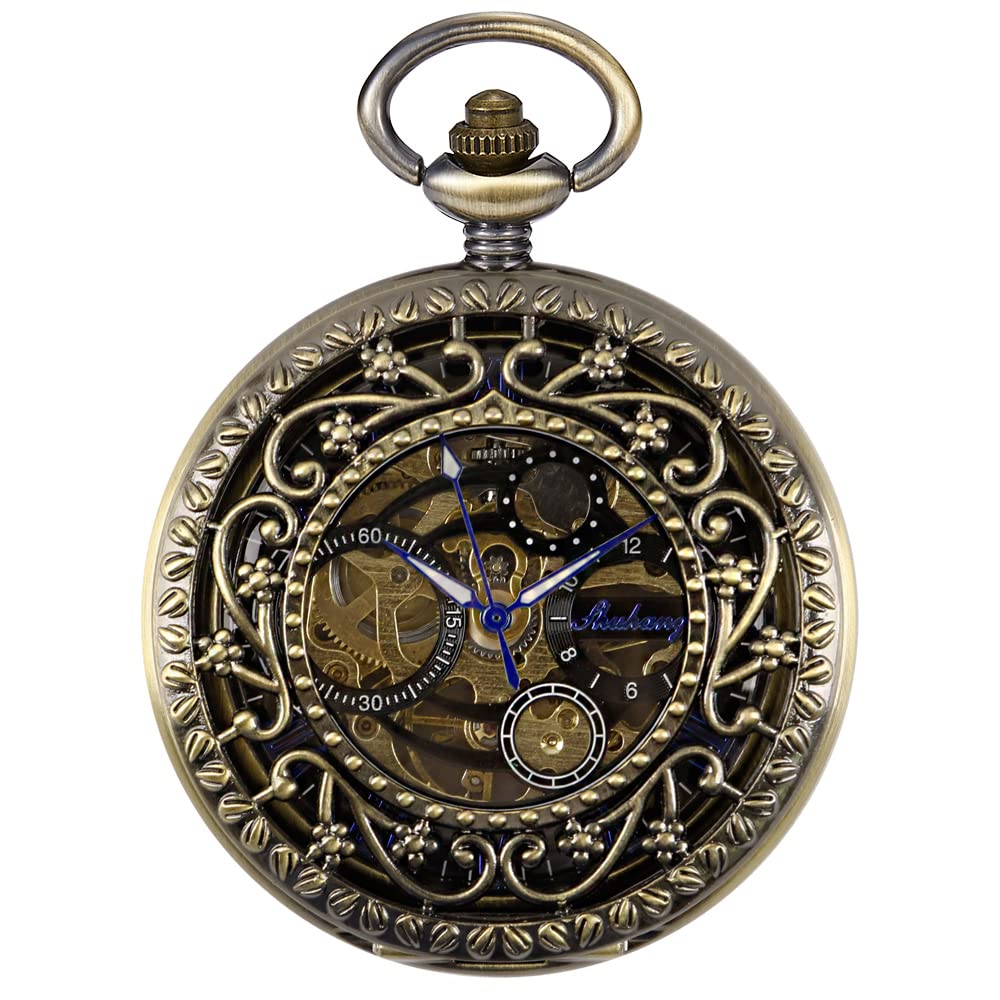 Whodoit Black and Bronze Skeleton Mechanical Men's Pocket Watch Special Case Design, Mechanical Pocket Watches with Chain Box for Men