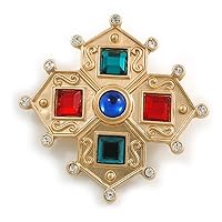 Vintage Inspired Multicoloured Glass Stones and Crystal Beads Cross Brooch in Gold Tone Metal - 45mm Across