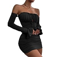 Women's Dresses Off Shoulder Backless Flounce Sleeve Ruched Bodycon Dress Dress for Women