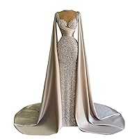 Gray Satin Beaded Mermaid Prom Party Shower Dress Evening Celebrity Pageant Robe Gown for Wedding