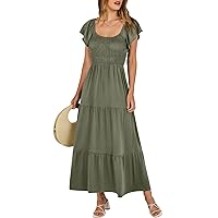 ANRABESS Women’s 2024 Summer Casual Maxi Dress Flutter Sleeve Scoop Neck Smocked Tiered A Line Flowy Beach Long Sun Dresses