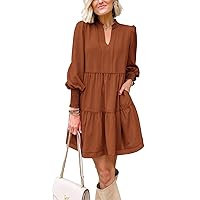 Imily Bela Womens Fall Long Sleeve Tunic Dress Casual V Neck Loose Ruffle Tiered Dress