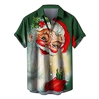Men's Christmas Short Sleeve Shirt Button Down Lapel Hawaiian Blouses Tops Santa Print Party Casual Shirt Tees
