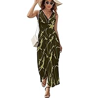 Camo Lizard Pattern Women's V Neck Maxi Dress Sleeveless Summer Long Tank Dress High Waist Ankle Length Sundress