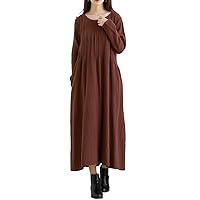 Women's Casual Loose Spring/Fall Long Midi Cotton Linen Shirt Dress with Pockets
