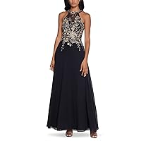 Betsy & Adam Women's Long Embroidered Halter Chiffon Gown