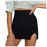 Women's Split High Waist Bodycon Mini Skirt Casual Button Knit Slit Pencil Short Skirts Office Slim Wrap Skirt