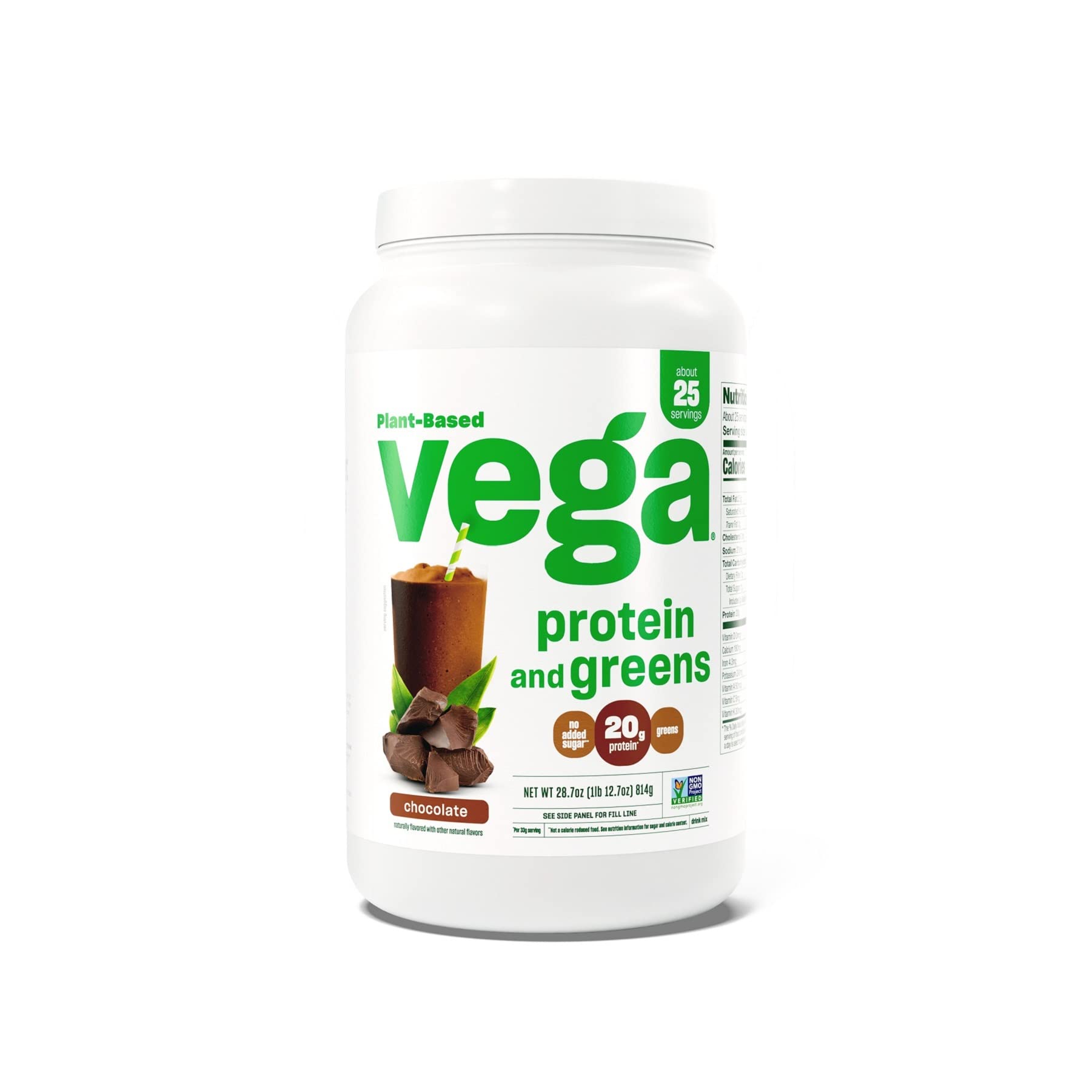 Vega Protein and Greens Protein Powder, Chocolate - 20g Plant Based Protein Plus Veggies, Vegan, Non GMO, Pea Protein for Women and Men, 1.8 lbs (Packaging May Vary)